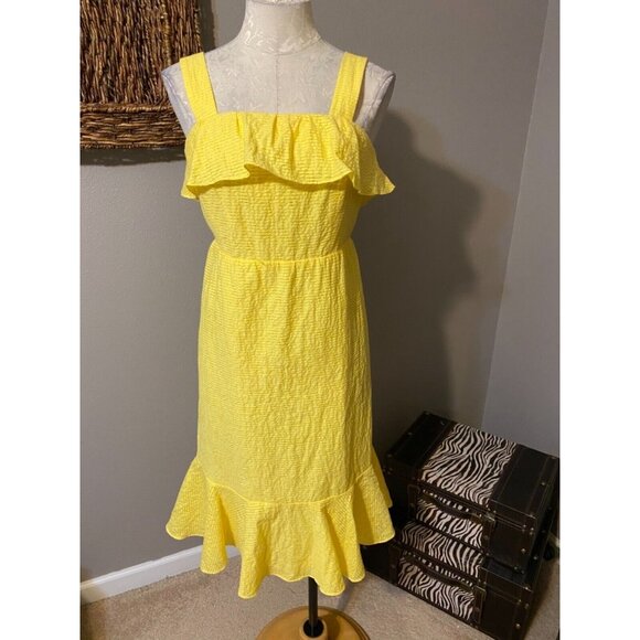 Papagallo Dress Yellow 8 Cruise Resort Wide Strap Smocked Y2K Midi Ruffle NWT - Picture 2 of 7